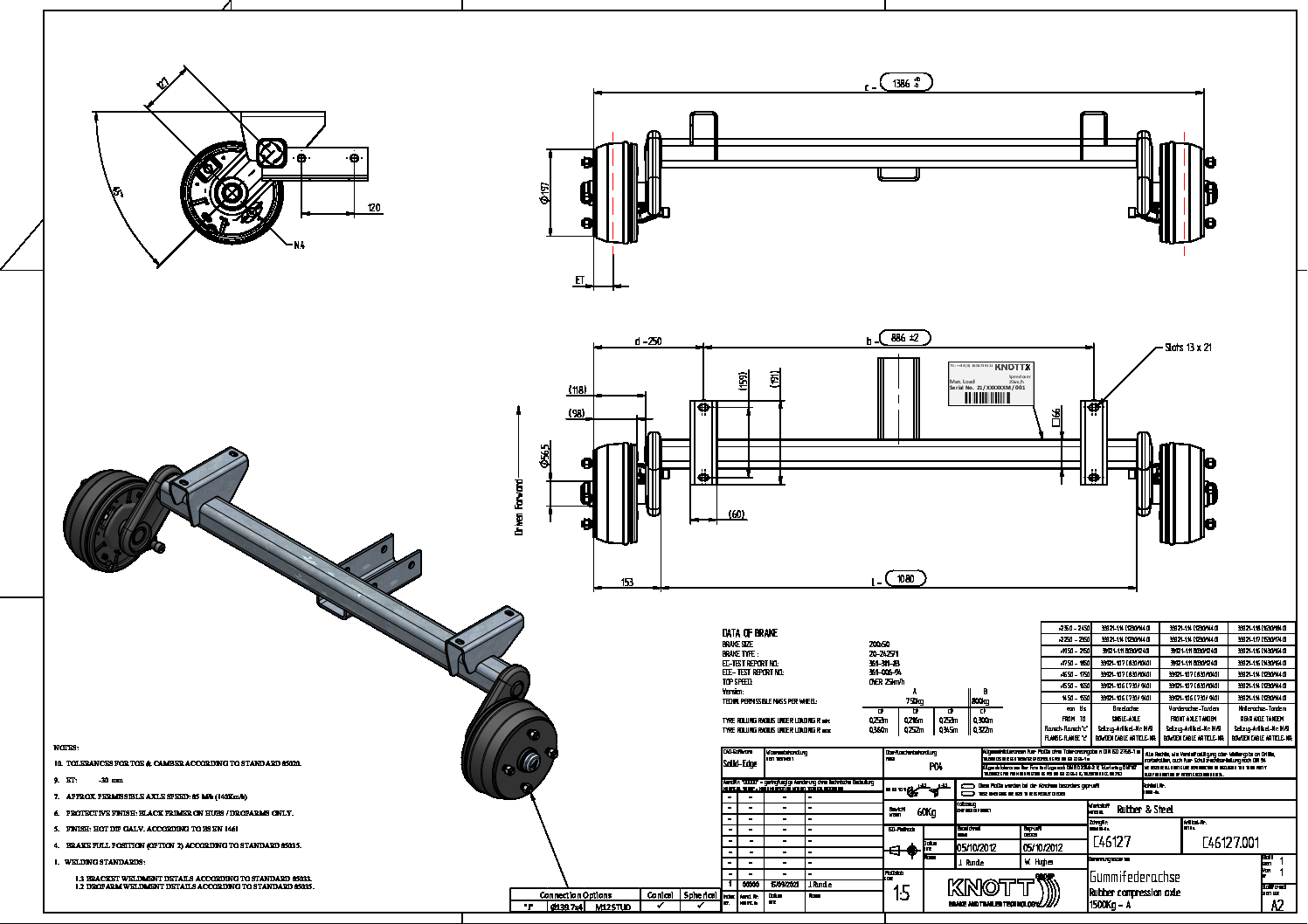 Replacement Knott-Avonride 1500kg Braked T-Frame Axle